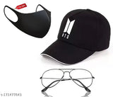 Black cotton BTS embroidered baseball cap, clear lens aviator sunglasses, black polarized mask set - pack of 3 for men and boys from India