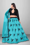Skyblue embroidered self-designed Lehenga Choli with fency black blouse and lace stitch dupatta, Art Silk & Net. Indian fashion semi-stitched or un-stitched piece