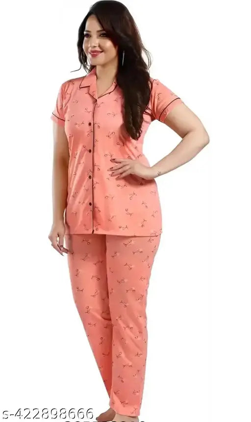 Hosiery printed nightsuit, short-sleeved pyjama set with intricate pattern, Indian-made loungewear for women (S-XXXL sizes available)