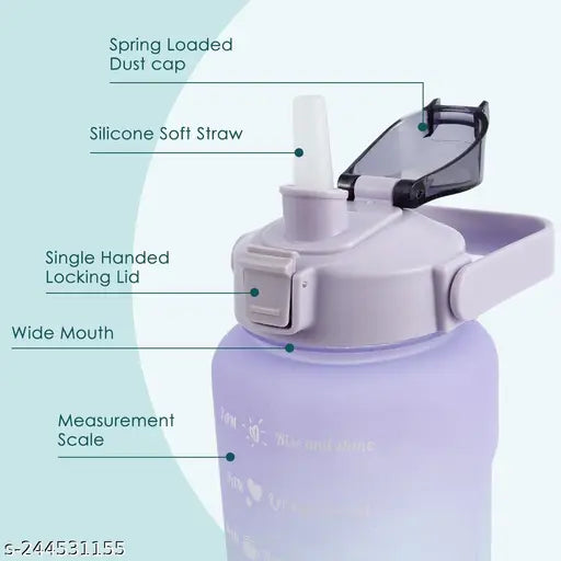 Multicolor 2L motivational BPA-free sipper bottle with straw and time markings, leakproof design, flip cap, and portable lock. Ideal for fitness and hydration on-the-go