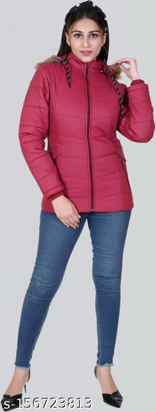 Maroon nylon detachable hoodie jacket, lightweight and warm, perfect for winter seasons. Women's Yaqr jacket with fur hood, air and snowproof