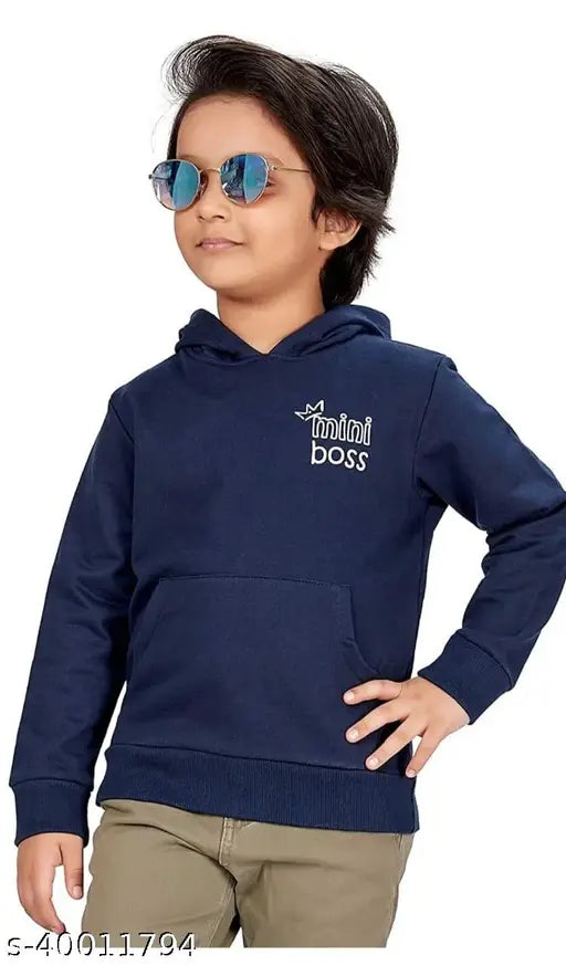 Boys navy blue cotton sweatshirt & hoodie, long-sleeved pack of 1 - printed design, kangaroo pocket - for toddlers aged 0-3 years, India origin