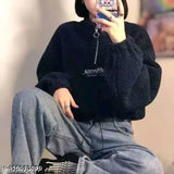 Women's solid wool full-length black jacket with long sleeves, perfect for a chilly day