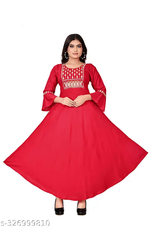 Embroidered rayon ghera kurty with long sleeves, soft and smooth, Indian-made, M, L, XL, XXL