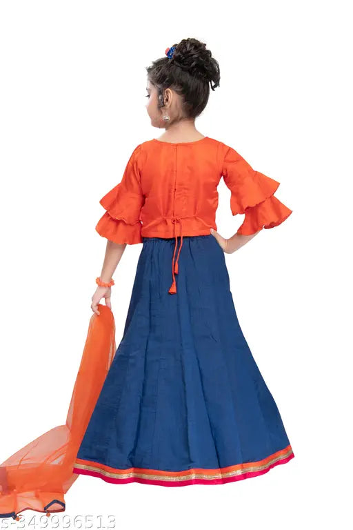 Soft silk embroidered lehenga choli and super net dupatta for kids weddings, size range from 6-14 years. Made in India