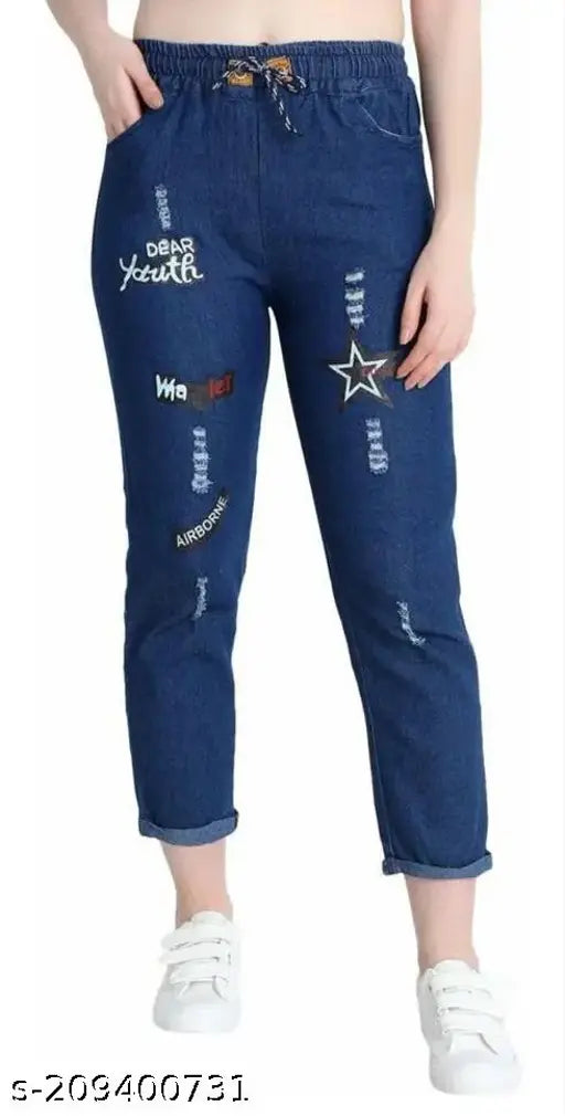 Dark denim FANCY STAR PRINT jogger - solid pattern, size 26-30, Indian-made casual wear