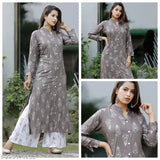 Rayon embroidered net kurta set with palazzos for women, Jivika fashionable, three-quarter sleeves, multiple sizes available
