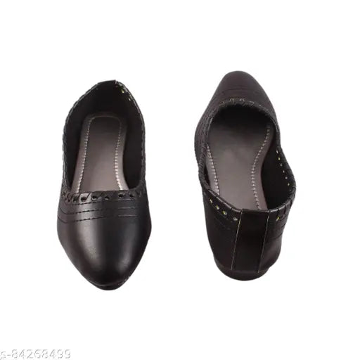 Black synthetic leather ballet flats for women, embellished comfort and closed back design