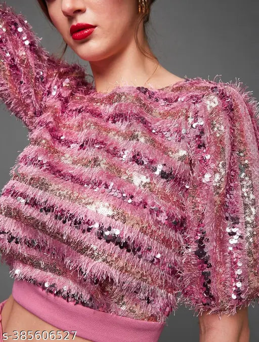 Pink and gold-toned embellished crop top and lycra pants, Wazix polyester blend fashion set