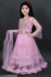 Acrylic sea pink Lehenga Choli for kids with long sleeves, embroidered pattern and net dupatta, self-design stitch type. Indian traditional wear