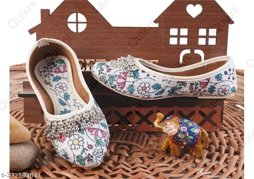 Floral print textile and PVC Jutti for kids girls, stylish and comfortable, slip-on design, size 2.5-3 years, Indian origin