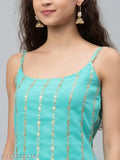 Georgette-stitched kurta with sharara, embroidered striped net, sleeveless, fox georgette with sequence work