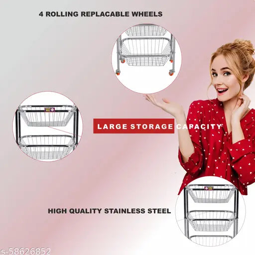 Stainless Steel 2-layer fruit & vegetable rack, 12"x14"x20", 360 rotation wheels