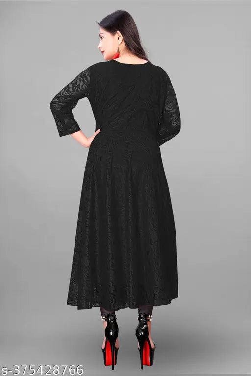 Net embroidered Anarkali kurti gown for women, three-quarter sleeve, embellished Indian attire for casual events