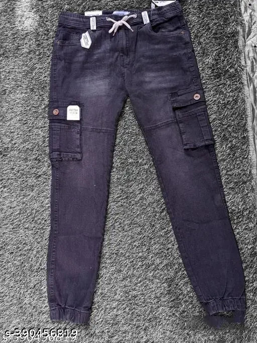Denim jogger for men, dyed/washed, size 32. Men's denim joggers on a hanger, washed and ready to wear
