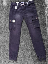 Denim jogger for men, dyed/washed, size 32. Men's denim joggers on a hanger, washed and ready to wear