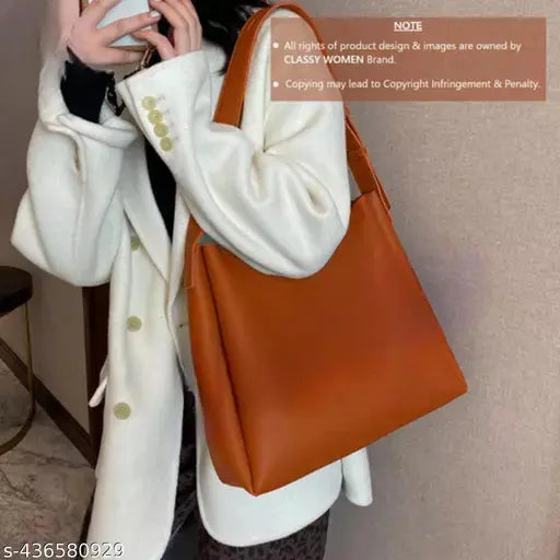 Tan PU tote bag, solid design, free size, Indian-made accessory