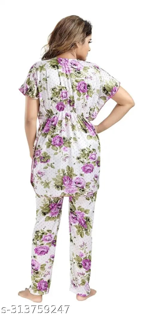 Satin kaftan nightsuit sleepwear set, printed with intricate patterns, perfect for women's free size pyjamas