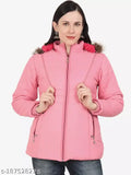 Solid pink nylon women's jacket with detachable hood, ideal for winter, air and snow-proof, made in India