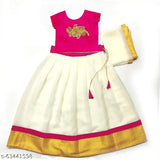 Taffeta silk lehenga choli dupatta set for girls, featuring short sleeves and embellished pattern in various sizes from 6-12 months to 5-6 years. Indian georgette, taffeta silk, net, and cotton construction