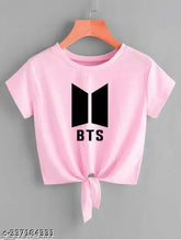 Trendy pink knot crop top & t-shirt for women, BTS printed lycra, short sleeves, size S (32in bust, 18in length)
