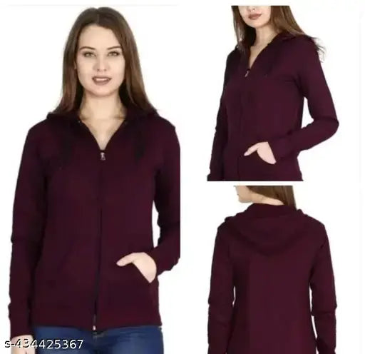 Indian-made stylish fleece wine plane zipper hoodie in solid color, long sleeves for women