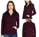 Indian-made stylish fleece wine plane zipper hoodie in solid color, long sleeves for women