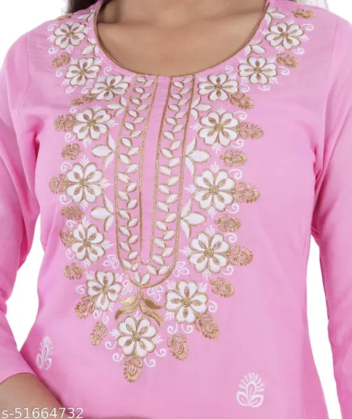 Embroidered rayon kurti & palazzo set, three-quarter sleeves, round neck, print all over, Indian origin