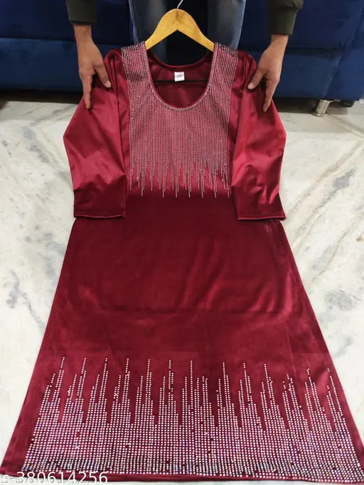 Imported velvet kurti, embellished three-quarter sleeves, high-quality, comfortable, suitable for parties, festivals, and work events. India origin