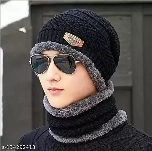 Black woolen slouchy cap for all, suitable for boys and girls. Comfortable beanie perfect for outdoor activities