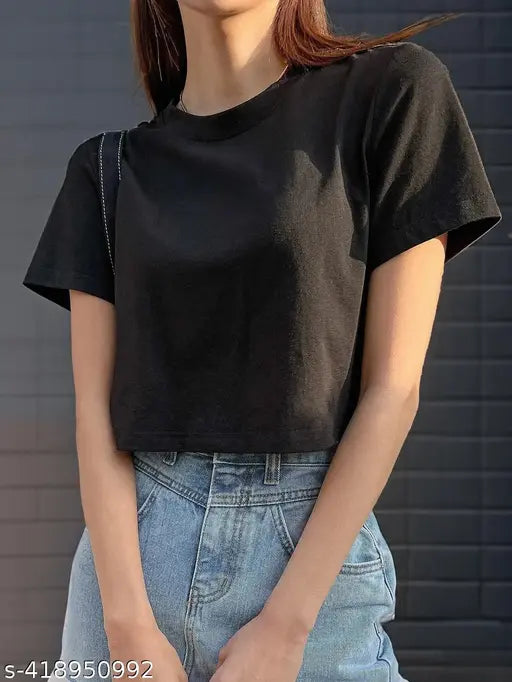 Women's cotton solid half-sleeve crop t-shirt, XS (bust 34in, length 16in), India-made fashion