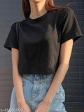 Women's cotton solid half-sleeve crop t-shirt, XS (bust 34in, length 16in), India-made fashion