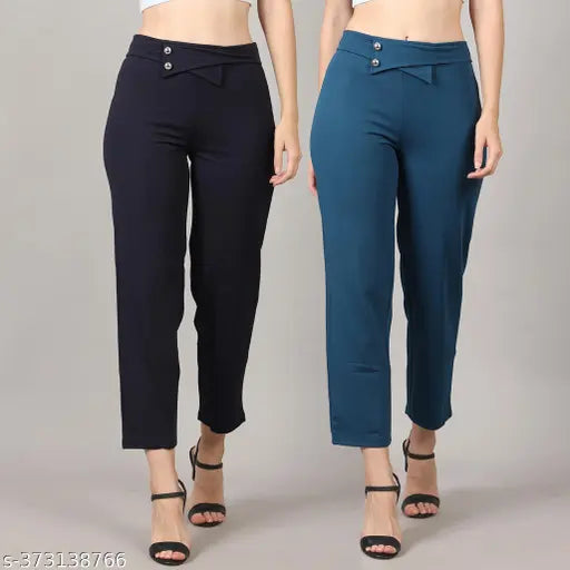 Navyblue polycotton high-rise trousers for women & girls set of 2 on model