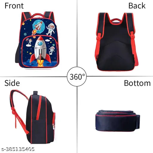 Blue polyester school backpack with rocket launcher design, suitable for Class 1 to 8 students, featuring multiple pockets and a free size of 32 x 28 cm