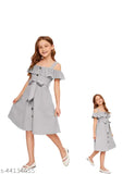 Grey cotton blend short sleeves solid pattern frock for kids aged 6-12, made in India