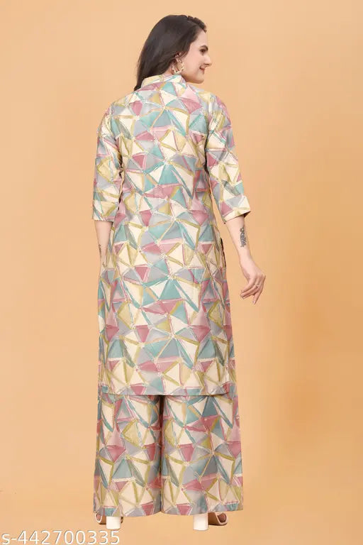 Printed cotton kurta set with palazzos for women, versatile daily wear on model