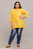Rayon yellow plus size short kurti, embroidered neck, sleeves, and slit, fashionable printed combo for India origin