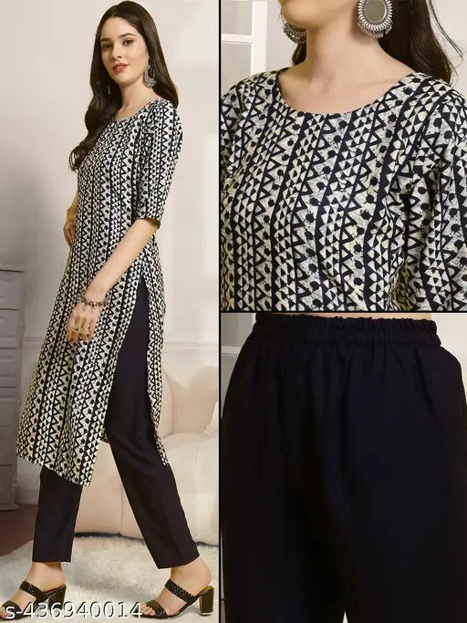 Premium printed crepe kurta set with palazzos, three-quarter sleeves, women's ethnic wear, India