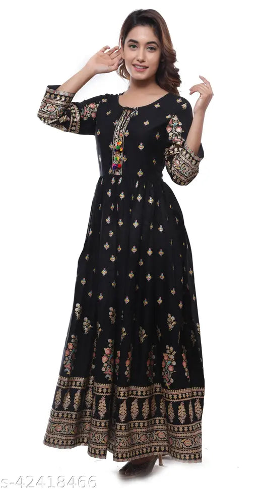 Rayon black printed Anarkali kurta, three-quarter sleeves, women's fashion from India - M (38in bust)