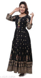Rayon black printed Anarkali kurta, three-quarter sleeves, women's fashion from India - M (38in bust)