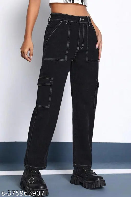 Black denim cargos with white stitching - trendy Indian export for versatile events