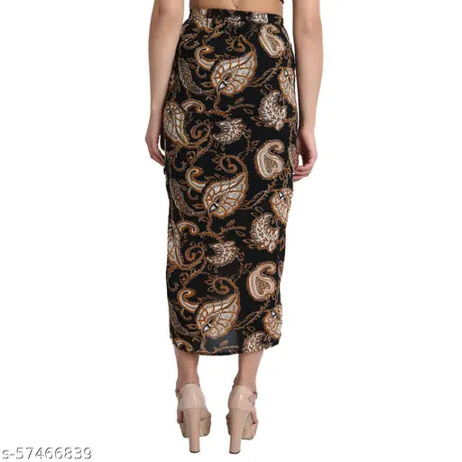 Black crepe printed net one-side ruched skirt with slit and zip, black color, size 32, Indian origin
