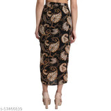 Black crepe printed net one-side ruched skirt with slit and zip, black color, size 32, Indian origin