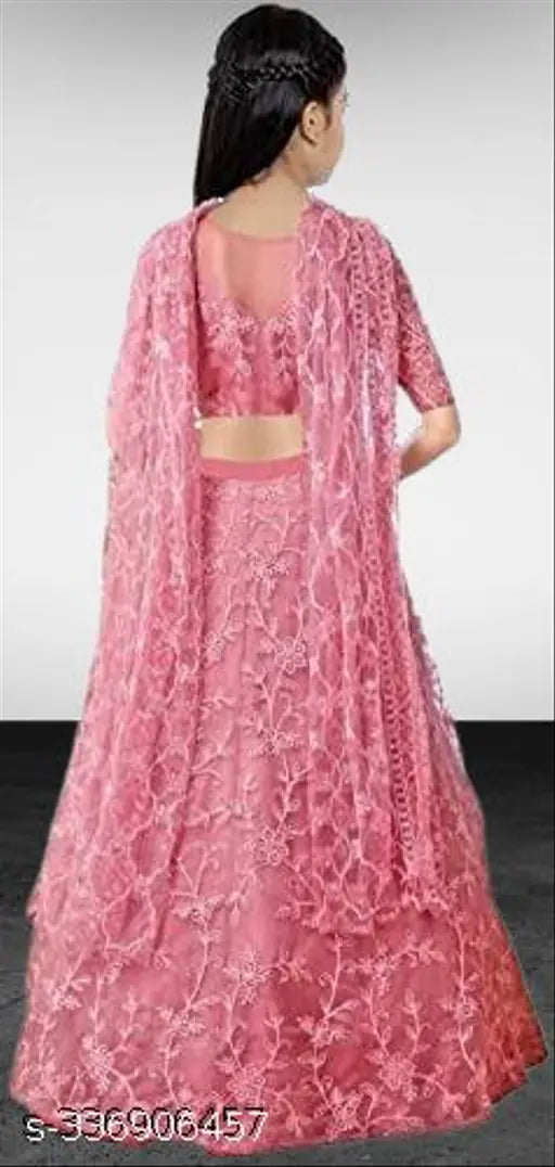 Mohini pink semi-stitched net embroidery festive wedding dress for girls aged 8 to 15 years, long sleeves, made in India