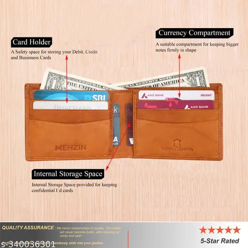 Genuine tan leather RFID wallet with keychain combo set, 6 card slots & 2 compartments. Classic, hand-stitched, durable accessory for men's formal wear