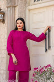 Cotton blend Rani color cord set with palazzo bottoms, three-quarter sleeves. Indian women's fashion in solid colors