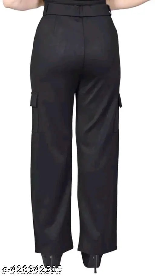 Solid cotton-lycra cargo trouser pant for women, high-rise design with four pockets, easy wash from U Shahi Enterprises (India)