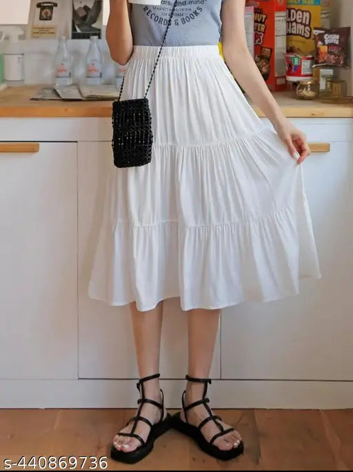 White rayon midi skirt, solid net pattern, attractive design for women's fashion, 3 meters length, various sizes available from 24-XL (India origin)