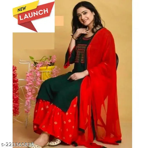 Rayon embroidery kurta sharara set, single new piece with dupatta and bottomwear, solid design in three-quarter sleeves