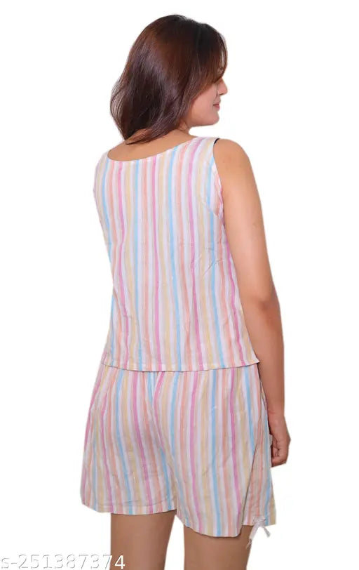 Striped cotton multi strap short night suit, trendy and comfortable for all body types, daily wear or sleepwear